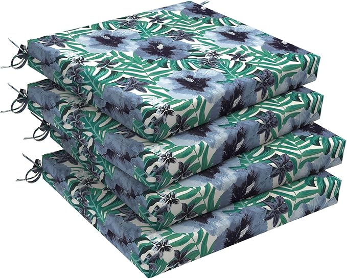Set of 4 Outdoor Square Chair Cushions 18.5"x16"x2" for Patio, Water Resistant Patio Dining Seat Pads Replacement for Kitchen Garden and Outdoor Furniture Decoration - Blue Salmone Tropical