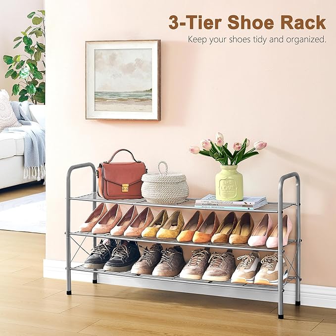 Hoctieon 3 Tier Mesh Style Shoe Rack, Entryway Shoe Shelf, Shoe Storage Organizer, Shoe Rack for Closet, Space Save for Bathroom, Garage, Hallway, Bedroom, Living Room, Grey