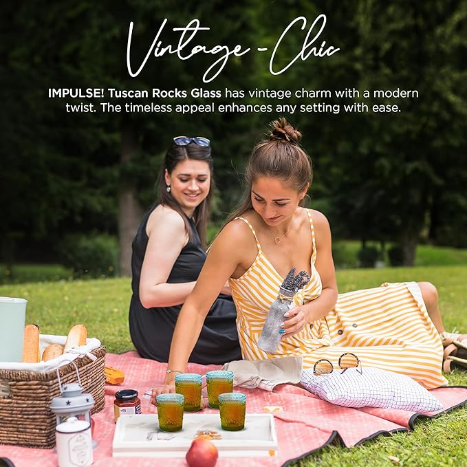 IMPULSE! Tuscan Rocks Glass Set - Aqua, Dishwasher Safe, Chic Vintage Style - 8 oz - Ideal for Gin, Mixed Cocktails, Bourbon, Margaritas, Soft Drinks, Beer, Water - Mexican Style Glasses - Set of 4