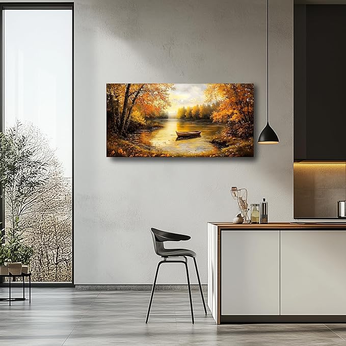 SERIMINO Fall Landscape Large Canvas Wall Art Living Room, Lake Boat Forest Art Prints, Autumn Scenery Nature Decor Pictures, Rustic Gold Paintings Wall Decor Bedroom, Office Decor 30"X60"