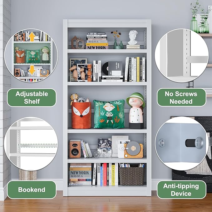 5-Shelf Heavy Duty Metal Bookcase, Adjustable Bookshelf with Large Capacity, Bookshelf for Home Office, Living Room, Garage