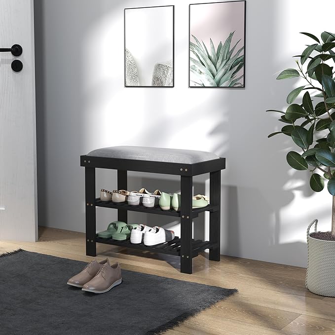HOMCOM Bamboo Shoe Bench, 3-Tier Entryway Bench with Storage and Cushion, Shoe Organizer for Entryway, Hallway, Holds Up to 331 lbs, 23.6 x 11.4 x 19.3 Inches, Black