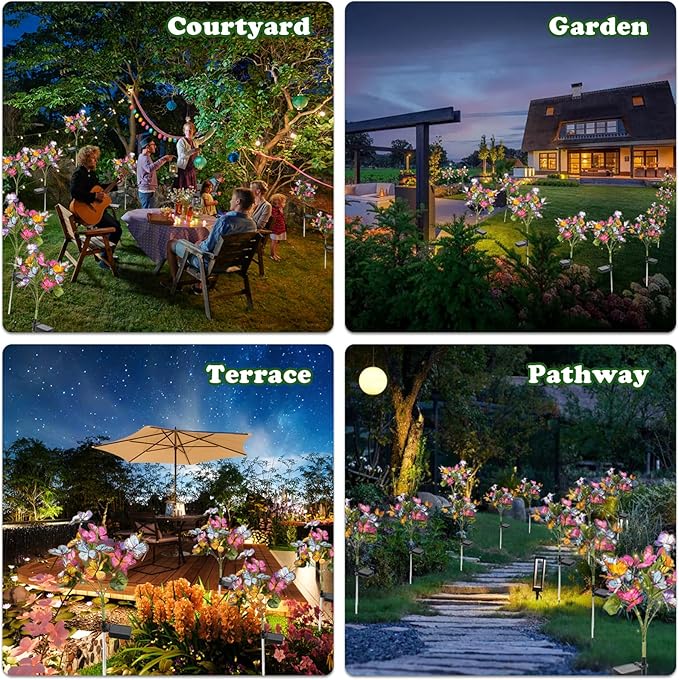 Solar Flower Lights-2 Pack Solar Garden Lights, Outdoor Waterproof Decorative Light, Butterfly Flower Garden Decor for Landscape, Pathway, Yard