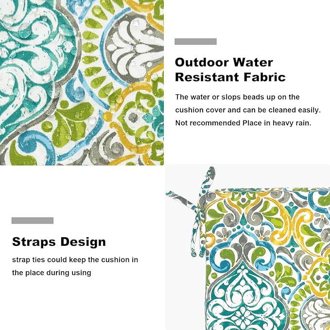 Set of 2 Outdoor Square Chair Cushions 18.5"x16"x2" for Patio, Water Resistant Patio Dining Seat Pads Replacement for Kitchen Garden and Outdoor Furniture Decoration - Damask Green