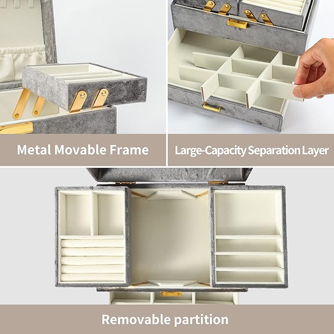 Dajasan Velvet Jewelry Boxes, Women Jewelry Organizer Box, 3- Layer Large Jewelry Storage Case for Birthday Mother's Day Valentine's Day (Grey)