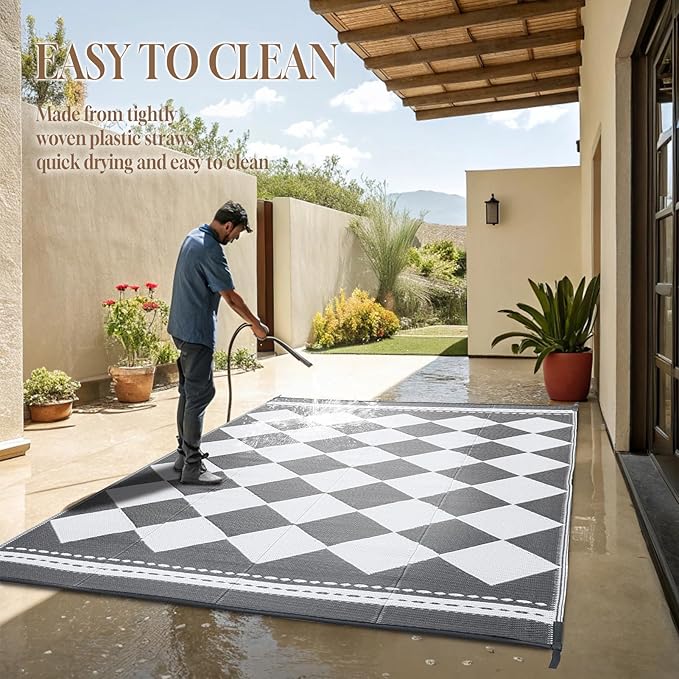 OMERAI Reversible Waterproof Outdoor Rug for Backyard,Plastic Textured Resistant Outdoors Rugs,Portable Washable Easy Cleaning Foldable Camping Beach Carpet for Patio Courtyard, 5'x8' Gray & White