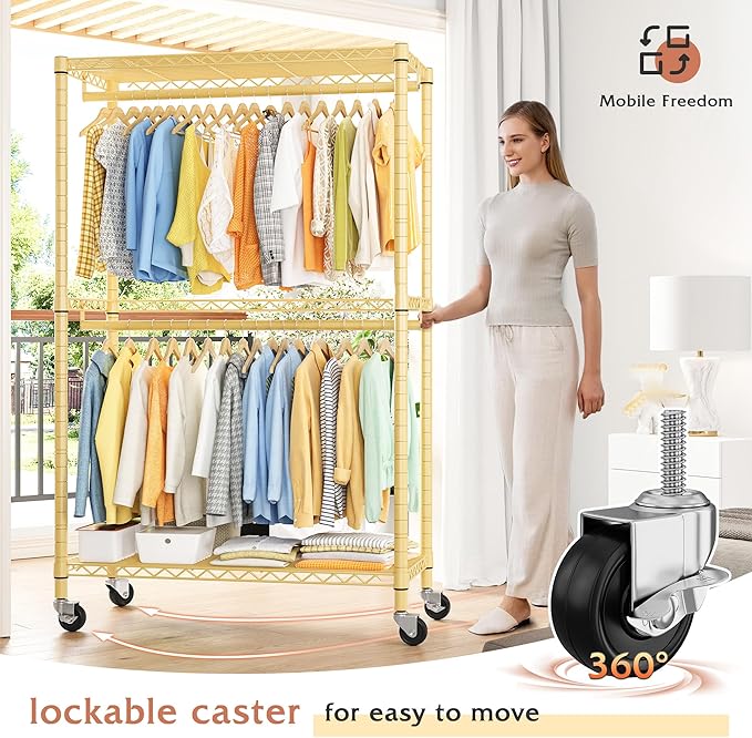 Raybee 79" H Heavy Duty Rolling Garment Rack for Hanging Clothes Adjustable Clothing Rack with Wheels, Hanging Rods,79" H X35.5 W X15.7 D,Yellow