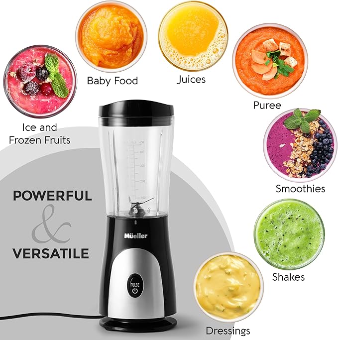 Mueller Smoothie Blender for Smoothies - Personal Blender for Shakes, Frozen Drinks, Baby Food & More, 15oz Travel Cup and Lid, Durable Stainless Steel Blades for Powerful Blending Performance, Black