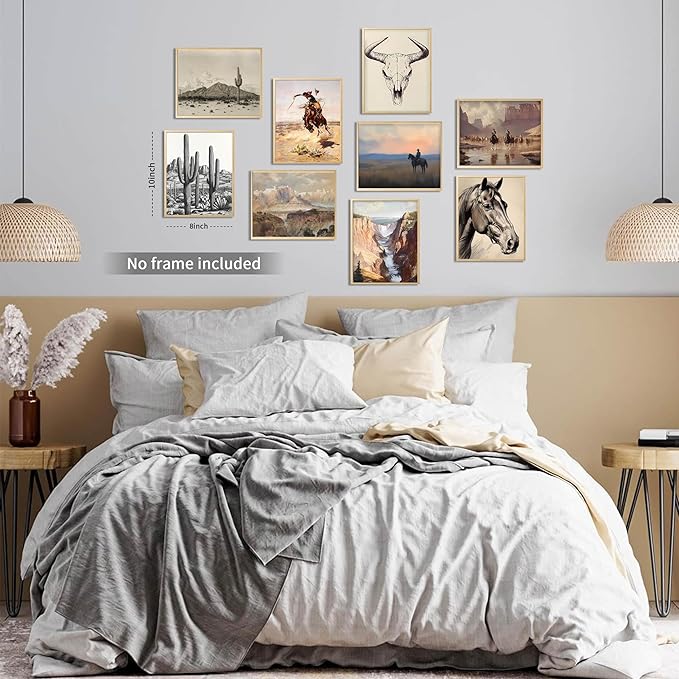 SEHSUVC Western Wall Art Set of 9, Cowboy Horse Cactus Skull Desert Landscape Canvas Prints, Southwestern Rustic Vintage Posters for Living Room Bedroom Office Home Decor 8x10 Inch Unframed