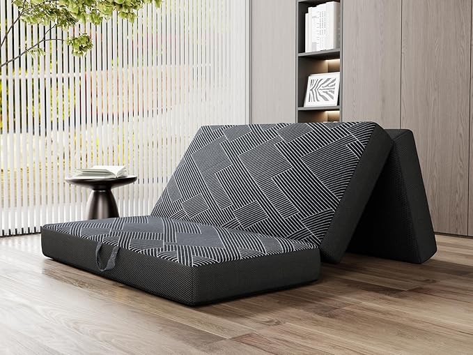 Vamcheer Tri Folding Mattress Twin Size - 6 Inch Foldable Mattress Portable Memory Foam Mat with Handle & Non-Slip Bottom, Washable Cover for Travel RV Camping Guest, 75"x38"x6", Grey