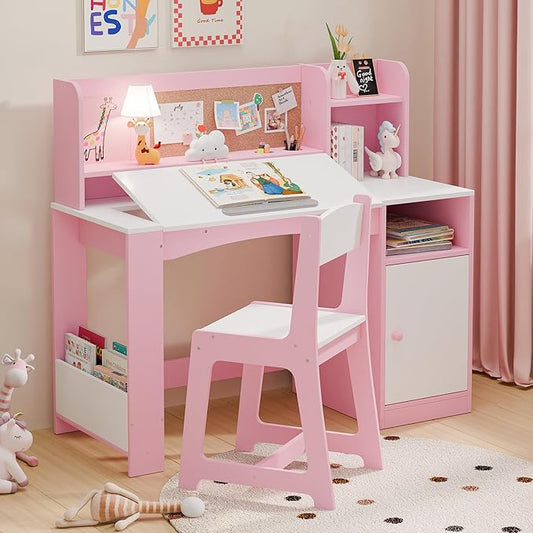 Kids Study Desk with Chair and Tiltable Desktop, Kids Stud Des and Chair Set with Hutch&Storage Cabinet, Wooden Children Study Table for 5-12 Years Old, Student Writing Desk for Bedroom (Pink)