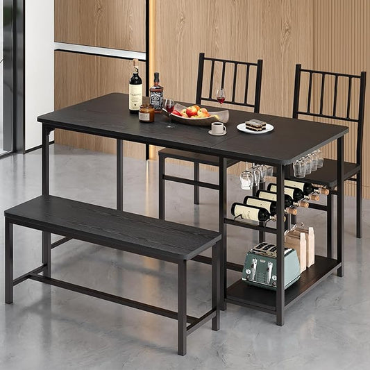 4 EVER WINNER Dining Table Set for 4, 55" Kitchen Table Chairs with 2 Chairs and Bench, 4 Piece Dining Room Table Set with Wine Rack & Wine Glasses Holder for Small Space, Black