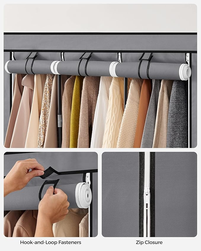 SONGMICS Portable Closet, Wardrobe Closet Organizer with Cover, 3 Hanging Rods and Shelves, 4 Side Pockets, 51.2 x 17.7 x 65.7 Inches, Large Capacity for Bedroom, Living Room, Gray URYG092G02