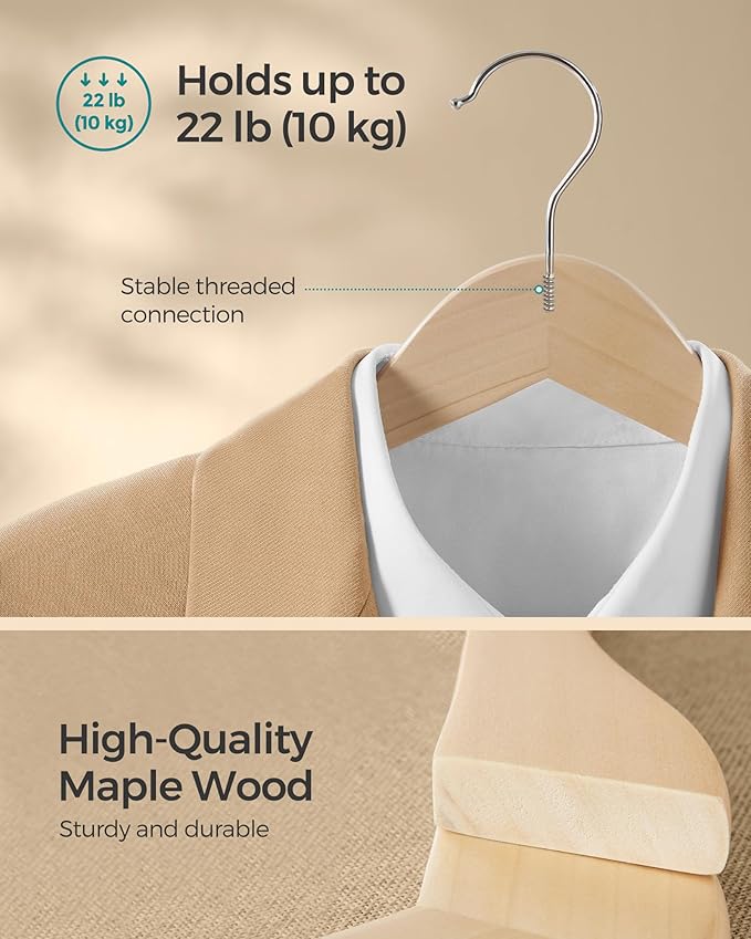 SONGMICS Wooden Hangers, Pack of 36, Coat Hangers, Non-Slip, Pants Bar, 360° Swivel Hooks, for Jackets, Shirts, Coats, Natural Beige UCRW010N36