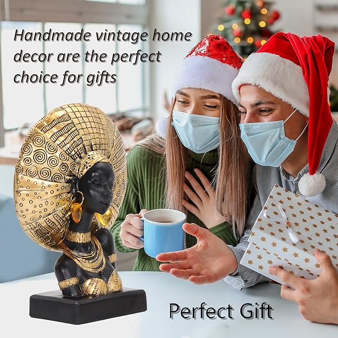 African Statues for Home Decor, Sculptures Decorations for Living Room, 10'' African Lady Art Bust Figurines, Black Vintage Aesthetic Ornament for Shelf and Tables, Décor Accents Gifts for Women