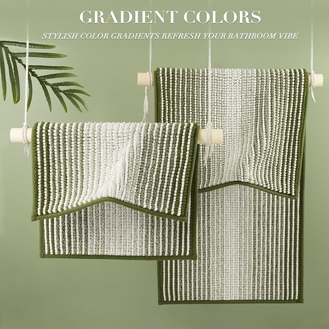 BSICPRO Bathroom Rugs and Mats Sets, 2 Piece Thick Absorbent Chenille Bath Mat Rug Set Non Slip, Soft Shaggy Bath Room Floor Mats for Bathroom, Machine Washable (Sage, 20" x 32" Plus 16" x 24")