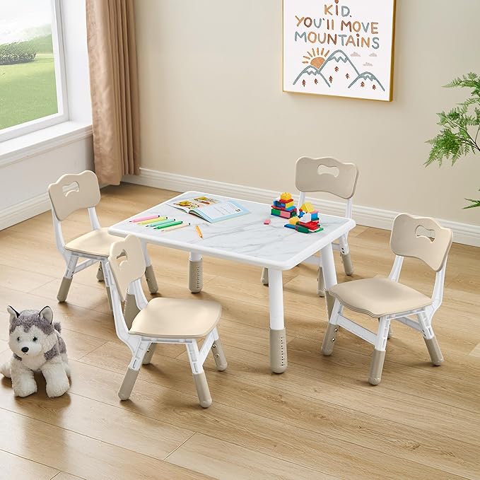 Toddler Table and 4 Chairs Set, Height Adjustable Kids Table and Chairs, 31.5''L x 23.6''W, Marble Pattern & Graffiti Desktop, Children Multi-Activity Table for Home/Daycare/Classroom
