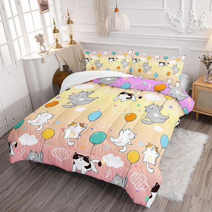 Kids Comforter Set Cute Cats Printed Pattern Bedding Set with 1 Comforter and 2 Pillowcases for Girls Boys Bedroom All Season(Cat1 Twin)