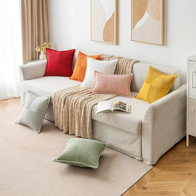 MIULEE Christmas Decorative Throw Pillow Covers for Couch Bed Livingroom 18x18 Inch Set of 2 Red Boho Accent Throw Pllows Broadside Striped Patchwork Soft Corduroy Pillowcases