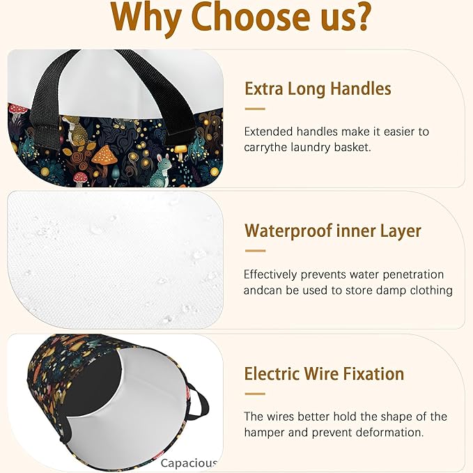 Laundry Hamper, Forest with Mushrooms Deer Laundry Basket,Waterproof Foldable Storage Bin for Bedroom,Clothes Organizer Basket,Toys Box 16x20 Inch