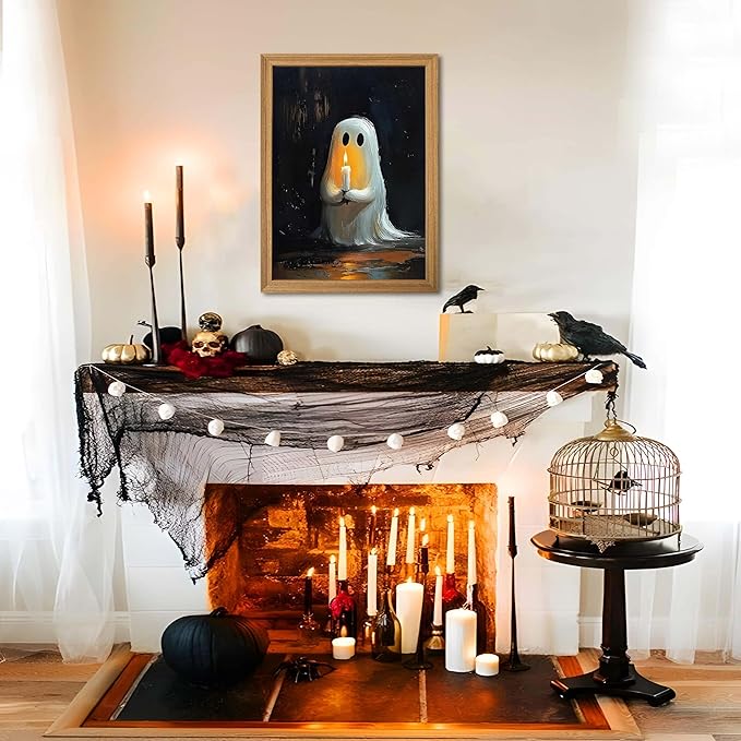 Framed Vintage Halloween Ghost Wall Art - Spooky Candle Ghost Fall Texture Pictures Wall Decor for Living Room, Kids Room, Halloween Bedroom or Party 16x24 inch