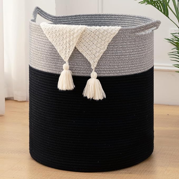Laundry Basket, 100L Large Laundry Hamper, Tall Woven Rope Storage Basket for Blanket Toys Pillows Towels, Baby Nursery Hamper Bin for Living Room, Bedroom (Black & Grey)