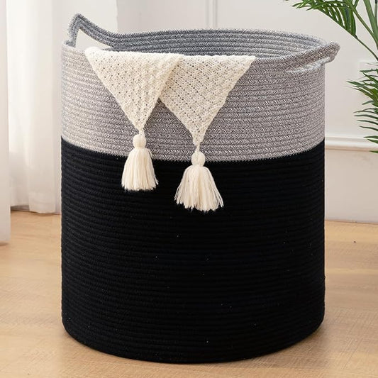 Laundry Basket, 100L Large Laundry Hamper, Tall Woven Rope Storage Basket for Blanket Toys Pillows Towels, Baby Nursery Hamper Bin for Living Room, Bedroom (Black & Grey)