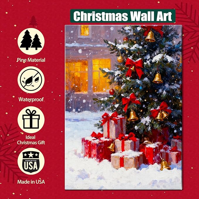 Vintage Christmas Tree and Gifts Box Canvas Wall Art - Festive Framed Print for Home Office Decor, Rustic Christmas Wall Art Picture, Ideal Christmas Gifts & Holiday Decorations