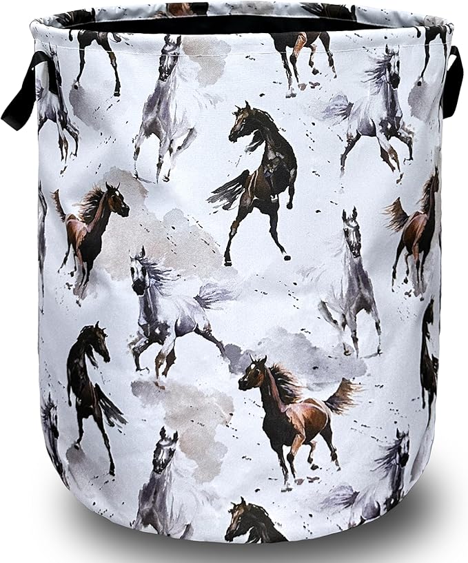 Watercolor Horses Laundry Basket Foldable With Handles Tote Bag Oxford Cloth Funny Animal Laundry Hamper 18.9" x 16.5" Clothes Storage Bucket Toy Organizer For Bathroom/Laundry/Bedroom