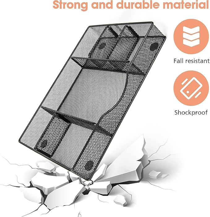 Desk Drawer Organizer Tray, Metal Mesh Drawer Organizers Office, 6 Adjustable Compartment, Desk Organizer Tray for Home Office 12.87L x 8.73D x 1.96H inch, Black, 1PC Medium