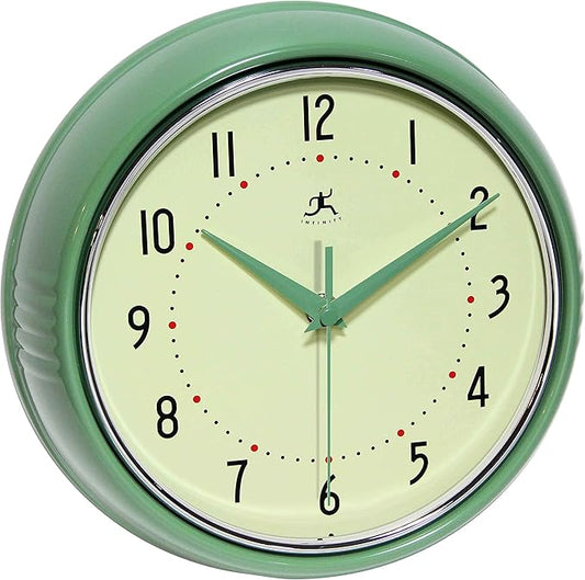 Infinity Instruments LTD. Retro 9 inch Silent Sweep Non-Ticking Mid Century Modern Kitchen Diner Wall Clock Quartz Movement Retro Wall Clock Decorative (Green)…