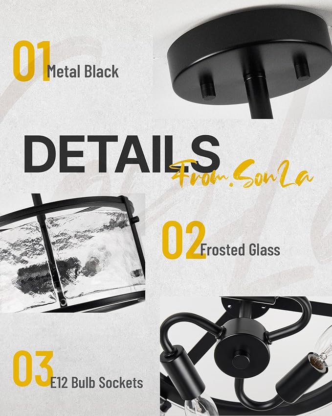 Semi Flush Mount Ceiling Light Fixturs - Black Ceiling Lights - 14inch Ceiling Light Fixtures with Glass - E12 3-Light Hallway Lighting Fixtures C2118-BK