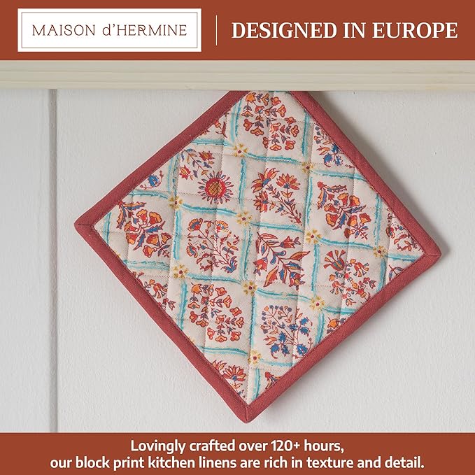Maison d' Hermine Pot Holders 100% Cotton Heat Resistant Potholders 8" x 8" Hot Pads with Loop for Thanksgiving Christmas Decorations BBQ Cooking Baking Handling Hot Pans (Pack of 1, Romane)