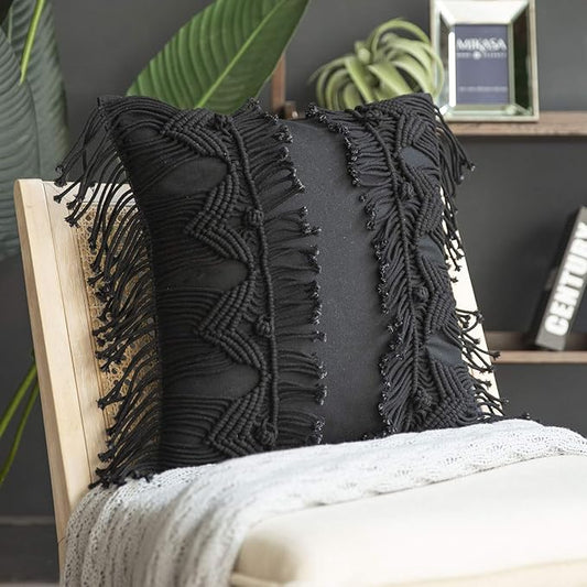 Phantoscope Macrame Cotton Handmade Symmetry 3D Crochet Woven Boho Throw Pillow Farmhouse Pillow Insert Included Decorative Cushion for Couch Sofa Black 18 x 18 inches 45 x 45 cm