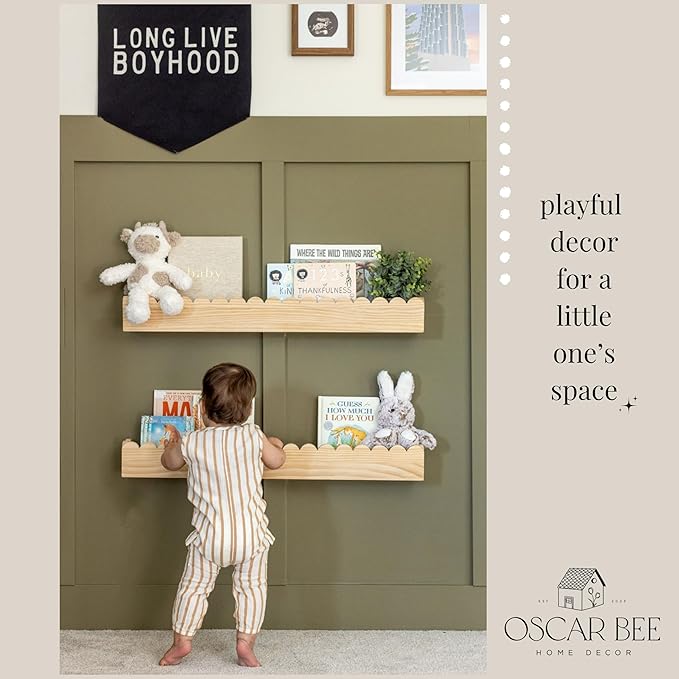 Scalloped Pine Bookshelf for Kids | Preassembled Montessori Wall Shelf | Drop-Resistant, Easy Install, 34" Wide, Nursery & Toddler Room Organizer