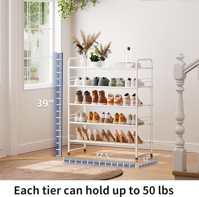 SUFAUY 33" Wide Shoe Rack, 5-Tier Shoe Storage Rack for 24-30 Pairs of Shoes, Mesh Shoe Organizer for Entryway Closet, Steel Frame, Industrial, White