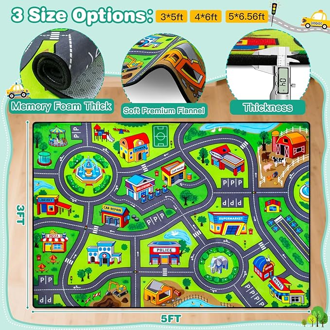 Road Car Rug, 3x5 Ft City Road Rug for Kids, Extra Thick (0.4in) Kids Floor Play Mat and Car Carpet with Realistic Colors - Perfect for Children, Soft and Non-Slip for Playroom and Bedroom