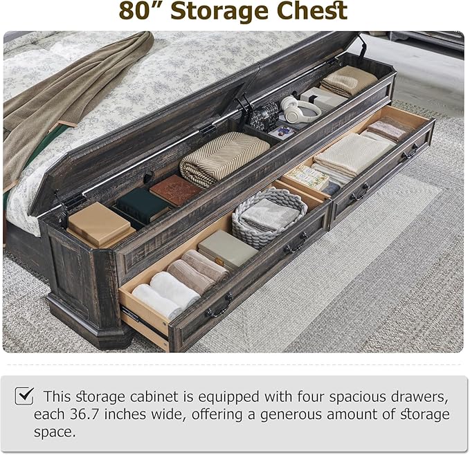 T4TREAM Farmhouse King Bed with Headboard and Storage Bench, Rustic Wood Platform Bed with 80" Storage Chest w/ 4 Large Drawer (Dark Rustic Oak)