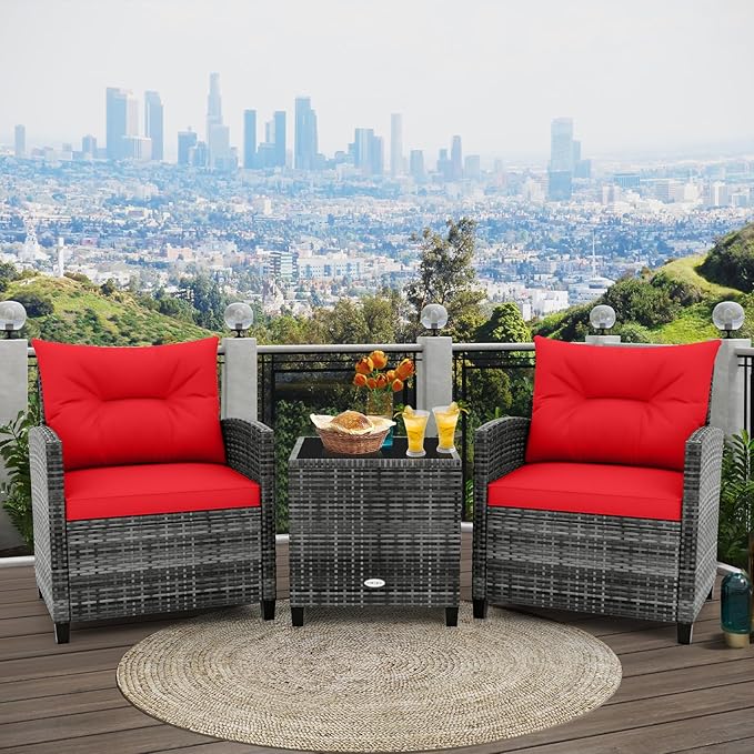 RELAX4LIFE Wicker Patio Furniture Sets - 3 Pieces Rattan Sofa Set, Outdoor Conversation Set with Tempered Glass Tabletop, Heavy-Duty Steel Frame, Wicker Chair Set for Poolside, Backyard (Grey-Red)