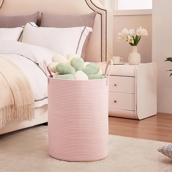 Pink Hamper Laundry Basket for Baby Girls Nursery Hamper for Kids Woven Rope Clothes Basket for Little Girls Room Bedroom Light Pink Kawaii Laundry Bin