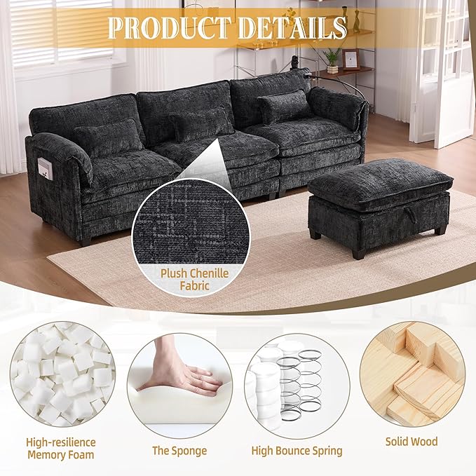 KEIKI 110" L-Shaped Boucle Modular Sectional Chenille Sofa with 1 Ottoman & Memory Foam Cushion & Phone Holder & USB, Upholstered Modern Oversized 4-Seater Couch, Easy Assembly, for Living Room, Black