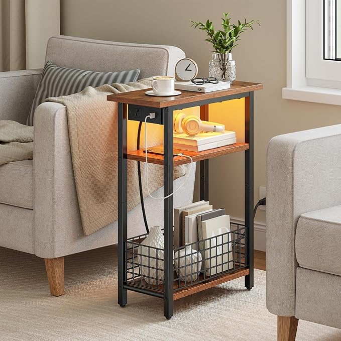 HOOBRO Narrow Side Table with Charging Station and LED Light, Set of 2, Small End Table with Storage, Skinny Nightstand Slim Bedside Table for Small Spaces, Living Room, Rustic Brown BF242UDBZP201