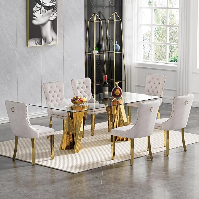 70" Modern Glass Dining Table for 6-8, Luxury Gold Glass Dining Room Table with Mirrored Flash-Shape Stainless Steel Base, Rectangle Kitchen Dinner Tables for Dining Room Kitchen