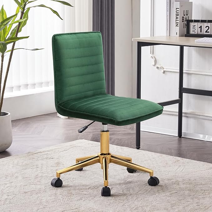 Furnimart Velvet Home Office Armless Desk Chair Adjustable Task Chairs Small Swivel Upholstered Office Chair Students Desk Chair Mid-Back Home Office Chair Dorm Chair (Velvet-DarkGreen)