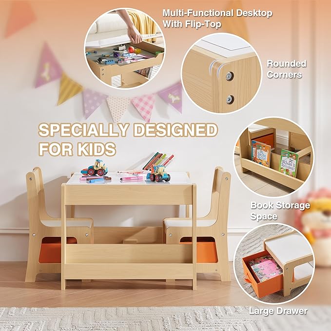 Kids Table and Chair Set, 4 in 1 Wooden Activity Table with Bookshelves and Storage Drawer, 2 in 1 Detachable Tabletop Construction Play Table Set for Drawing, Reading, Build Blocks