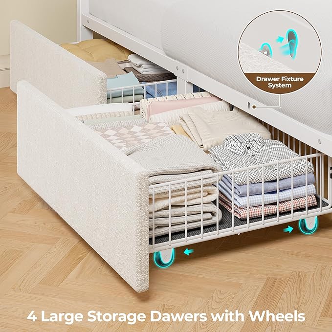 Seventable Full Size Bed Frame with 4 Storage Drawers, Charging Station & LED Lights, Upholstered Headboard with 2-Tier Shelves, Metal Platform Bed, No Box Spring Needed, Noise-Free, White