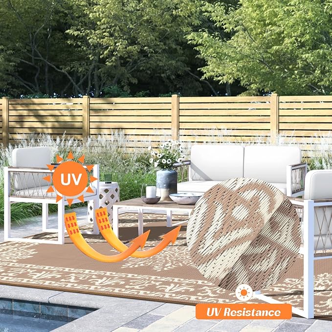 Yamaziot Outdoor Rug 8x10 Ft, Waterproof Plastic Straw Patio Rug, Reversible Backyard Carpet UV Resistant Portable RV Mat Clearance, Large Indoor Outdoor Rug for Patio, Porch, Deck, Balcony, Brown