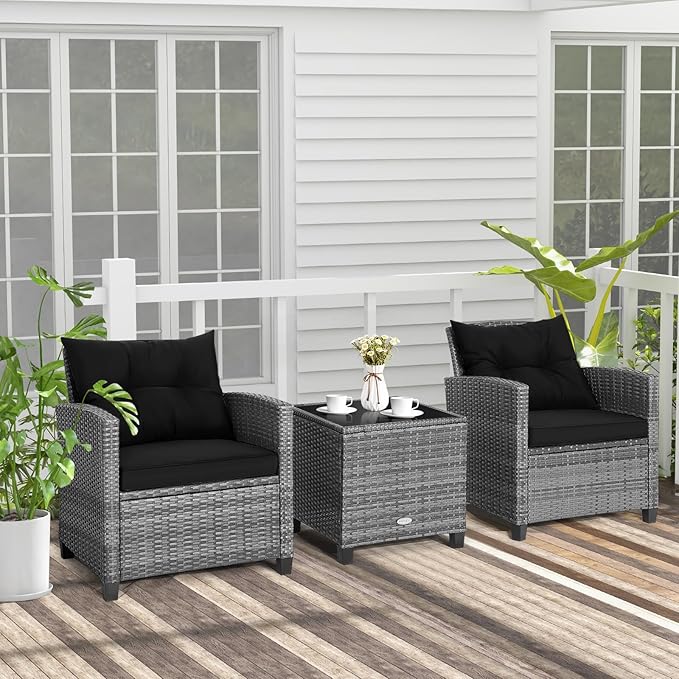 Tangkula 3 Pieces Patio Furniture Set, Outdoor PE Rattan Conversation Chair Set with Tempered Glass Side Table and Removable Cushions, PE Wicker Chairs and Table Set for Porch, Balcony and Garden