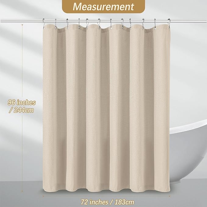 Beige Fabric Shower Curtain - Waffle Textured Heavy Duty Shower Curtains for Bathroom, 256GSM Hotel Spa Luxury Weighted Bath Curtain with 12 Hooks, 72x96, Beige