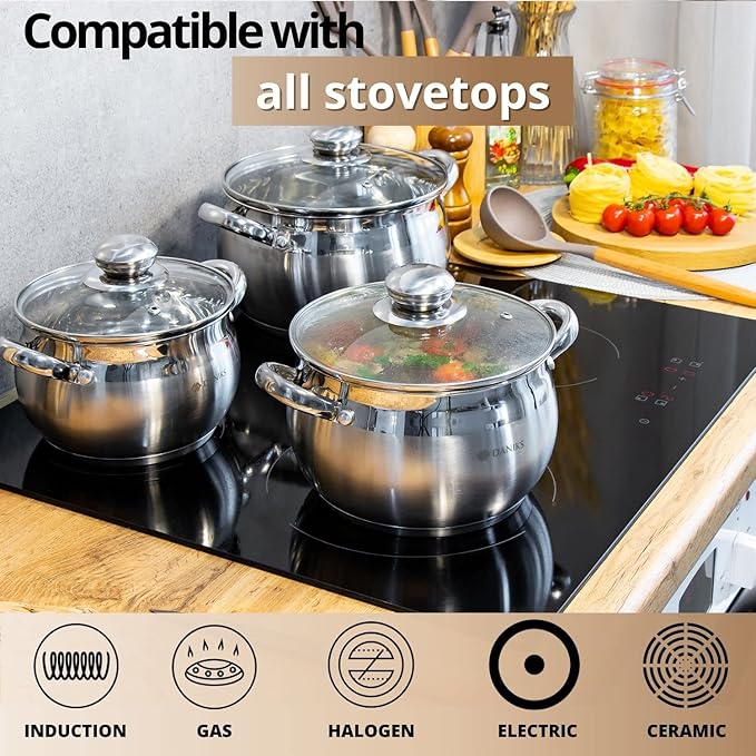 Daniks Classic Frying Pan Included, 12-Piece Stainless Steel Induction Cookware Set – Dishwasher Safe Pots and Saucepan with Lids, Measuring Scale, Silver